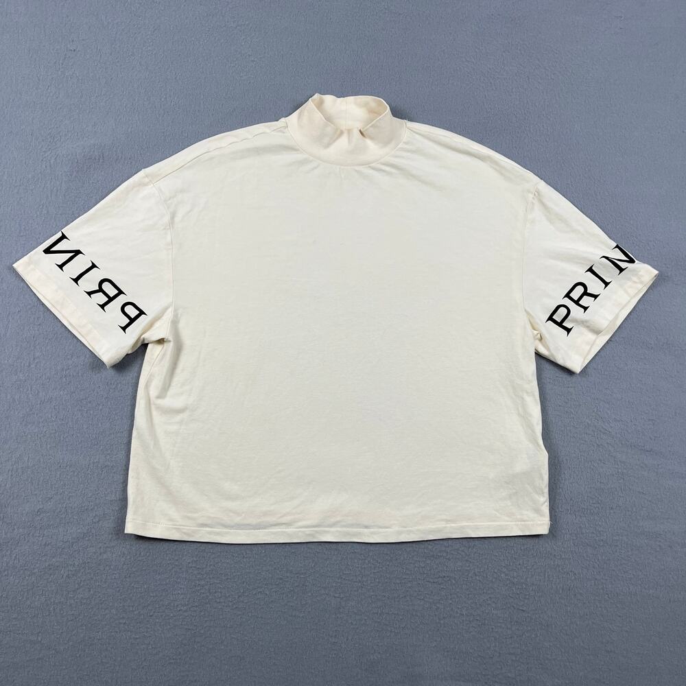 Pringle of Scotland x HM Mock Neck Crop Tee Shirt Cream Graphic Sleeve Women's S